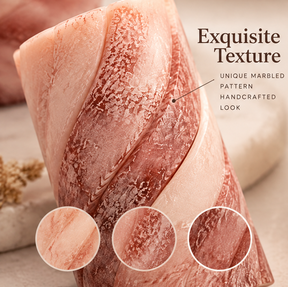 KAELIROAY® Rose Gold Marble Pillar Candle close-up — Exquisite Texture. Unique Marbled Pattern, Handcrafted Look. Rose gold copper-flecked finish detail.