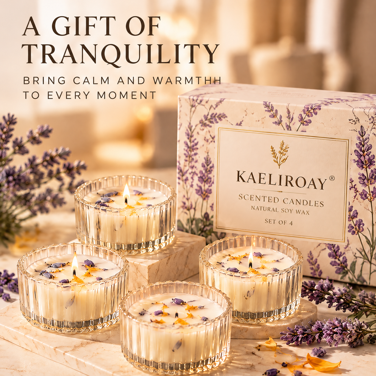 KAELIROAY® Lavender Botanical Soy Wax Candle — Natural Botanical Decor, Each Candle Is Adorned with Real Flowers. Top-down view of ivory soy wax candle in ribbed glass with real dried lavender buds and golden marigold petals arranged on surface. Icons: Paraben Free, Phthalate Free, Non-Toxic & Safe. Fresh lavender sprigs around.