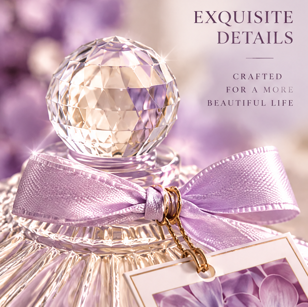 KAELIROAY® Lilac Blossoms Candle exquisite details — faceted crystal ball lid, lavender satin ribbon with gold charm tag. Crafted for a More Beautiful Life