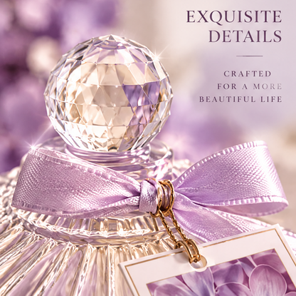 KAELIROAY® Lilac Blossoms Candle exquisite details — faceted crystal ball lid, lavender satin ribbon with gold charm tag. Crafted for a More Beautiful Life