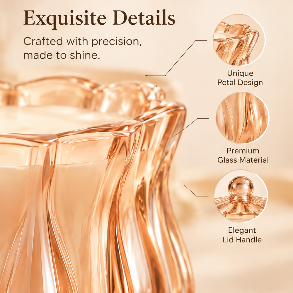 KAELIROAY® Rose Gold Petal Candle exquisite details close-up — Unique Petal Design rim, Premium Glass Material, Elegant Lid Handle. Crafted with precision, made to shine.