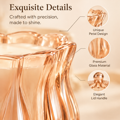 KAELIROAY® Rose Gold Petal Candle exquisite details close-up — Unique Petal Design rim, Premium Glass Material, Elegant Lid Handle. Crafted with precision, made to shine.