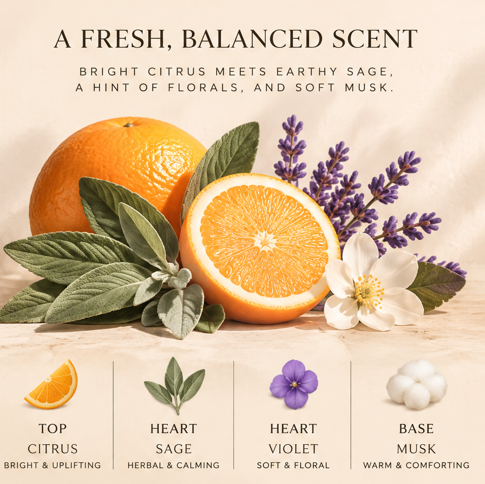 KAELIROAY® Sage & Citrus fragrance notes — Top: Citrus (Bright & Uplifting), Heart: Sage (Herbal & Calming) & Violet (Soft & Floral), Base: Musk (Warm & Comforting). A Fresh, Balanced Scent.