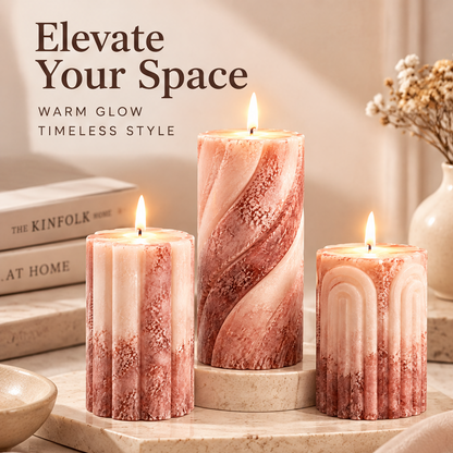 KAELIROAY® Rose Gold Marble Pillar Candle Set — Create a Cozy Atmosphere. Perfect for Every Occasion: Home Decor, Thoughtful Gift, Weddings & Celebrations, Spa & Relaxation. KAELIROAY brand logo visible.