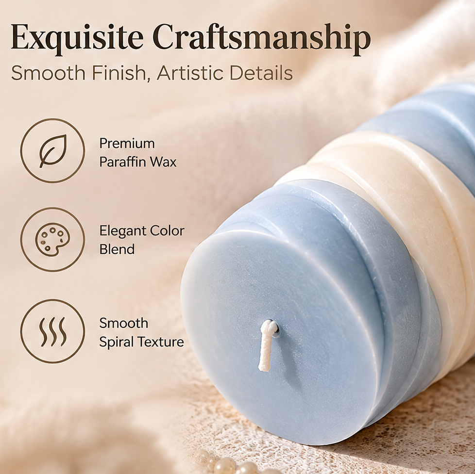 KAELIROAY® Ocean Swirl Pillar Candle close-up — Exquisite Craftsmanship. Premium Paraffin Wax, Elegant Color Blend, Smooth Spiral Texture. Smooth Finish, Artistic Details.