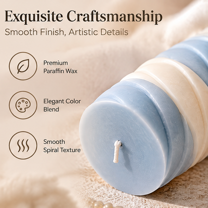 KAELIROAY® Ocean Swirl Pillar Candle close-up — Exquisite Craftsmanship. Premium Paraffin Wax, Elegant Color Blend, Smooth Spiral Texture. Smooth Finish, Artistic Details.