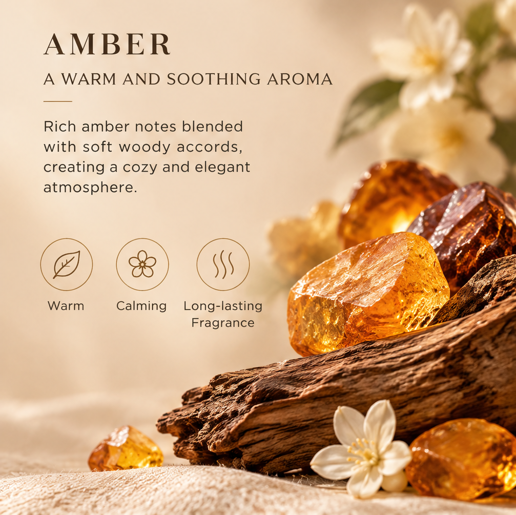 KAELIROAY® Amber Scented Candle fragrance story — Amber: A Warm and Soothing Aroma. Rich amber notes blended with soft woody accords. Warm, Calming, Long-lasting Fragrance.