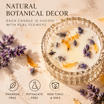 KAELIROAY® Lavender Botanical Soy Wax Candle Set of 4 — A Gift of Tranquility, Bring Calm and Warmth to Every Moment. Three candles lit in ribbed glass vessels beside KAELIROAY® Scented Candles Natural Soy Wax Set of 4 lavender gift box with gold border label.