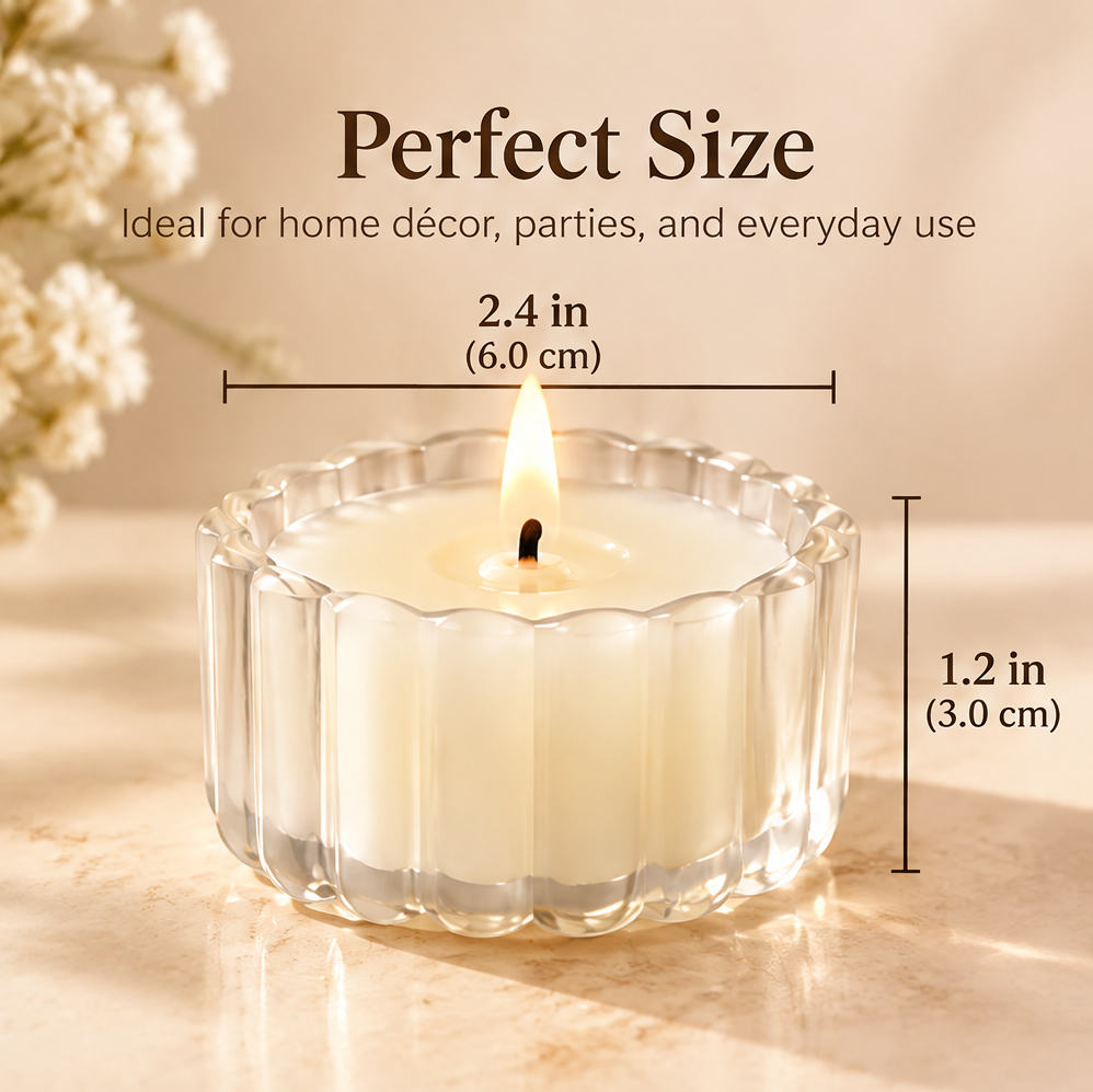 KAELIROAY® Glass Flower Tealight Candle size guide — Perfect Size, Ideal for home décor, parties, and everyday use. Width: 2.4 in (6.0 cm), Height: 1.2 in (3.0 cm). Single candle lit in scalloped glass holder on travertine with baby's breath flowers.