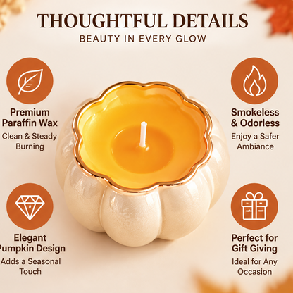 KAELIROAY® Pumpkin Candle — Thoughtful Details, Beauty in Every Glow. Single unlit candle top-down view showing amber wax and cotton wick. Icons: Premium Paraffin Wax (leaf, clean & steady burning), Smokeless & Odorless (flame, enjoy a safer ambiance), Elegant Pumpkin Design (diamond, adds a seasonal touch), Perfect for Gift Giving (gift box, ideal for any occasion).
