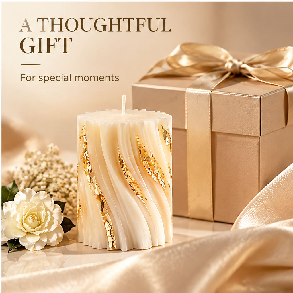 KAELIROAY® Ivory & Gold Leaf Swirl Pillar Candle unlit beside champagne satin ribbon gift box and white rose. A Thoughtful Gift for Special Moments.