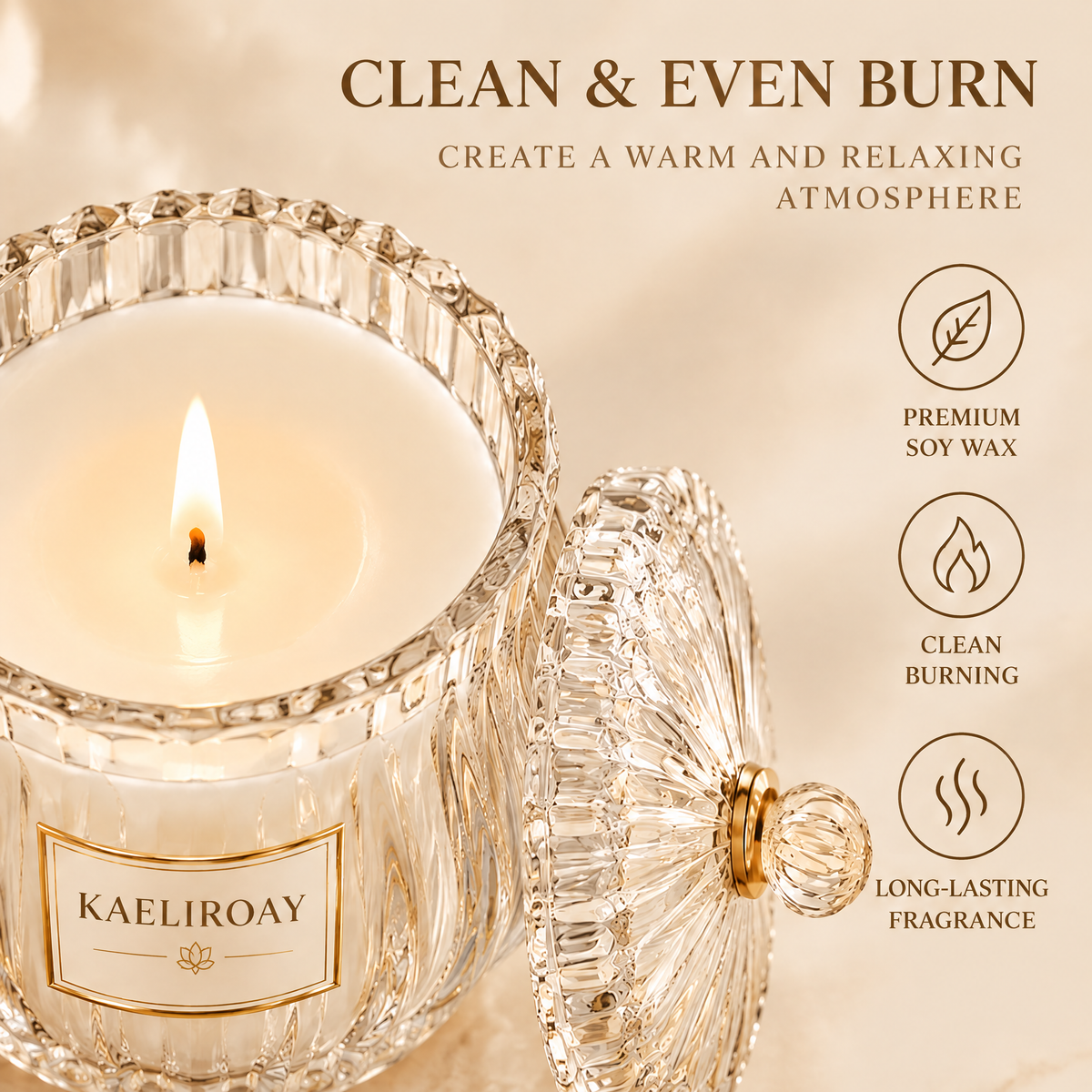 KAELIROAY® Crystal Candle close-up — Clean & Even Burn, Premium Soy Wax, Clean Burning, Long-Lasting Fragrance