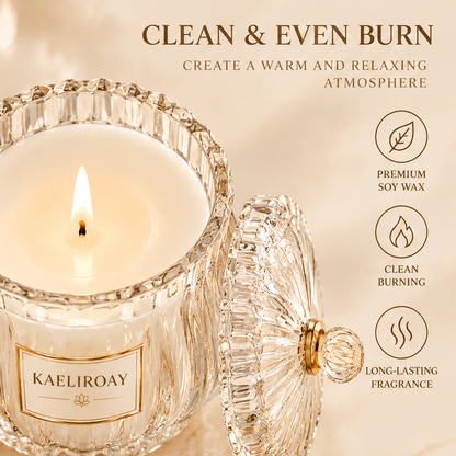 KAELIROAY® Crystal Candle close-up — Clean & Even Burn, Premium Soy Wax, Clean Burning, Long-Lasting Fragrance