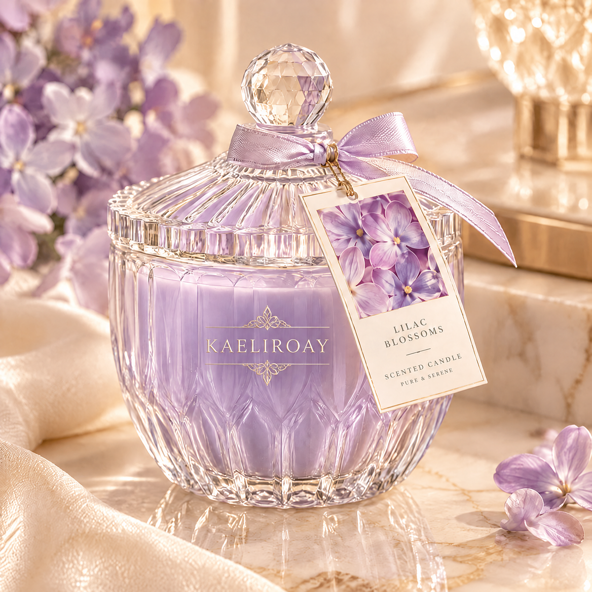 KAELIROAY® Lilac Blossoms Scented Candle in crystal glass jar with lavender satin ribbon and floral gift tag, surrounded by lilac flowers