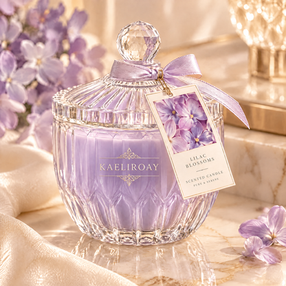 KAELIROAY® Lilac Blossoms Scented Candle in crystal glass jar with lavender satin ribbon and floral gift tag, surrounded by lilac flowers