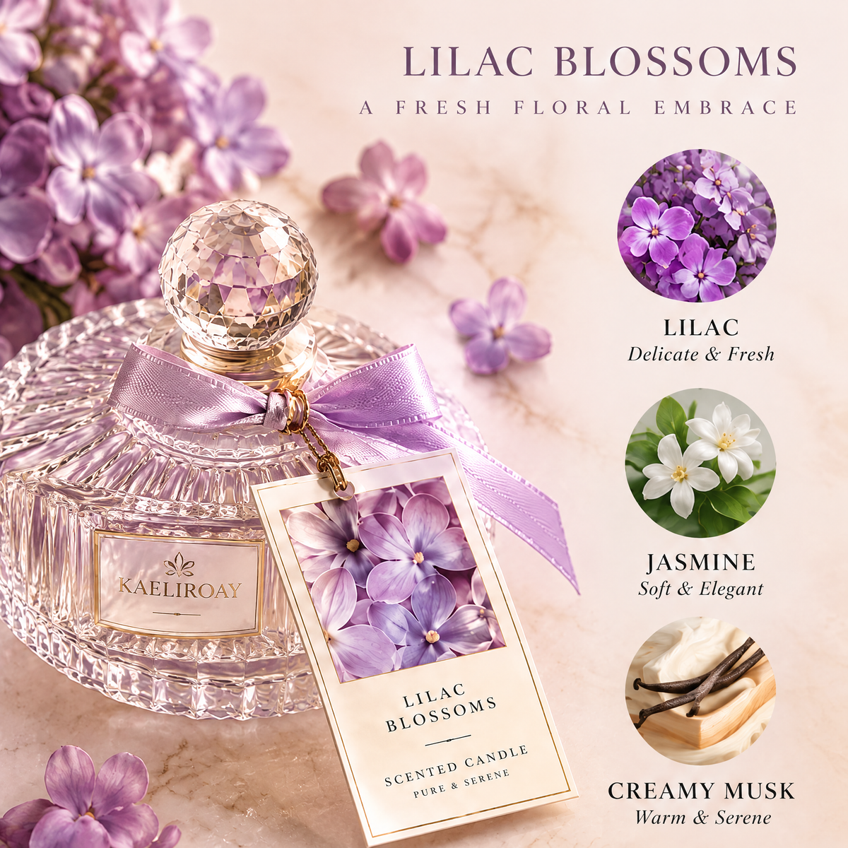 KAELIROAY® Lilac Blossoms Candle fragrance notes — Lilac: Delicate & Fresh, Jasmine: Soft & Elegant, Creamy Musk: Warm & Serene. Pure & Serene Scented Candle