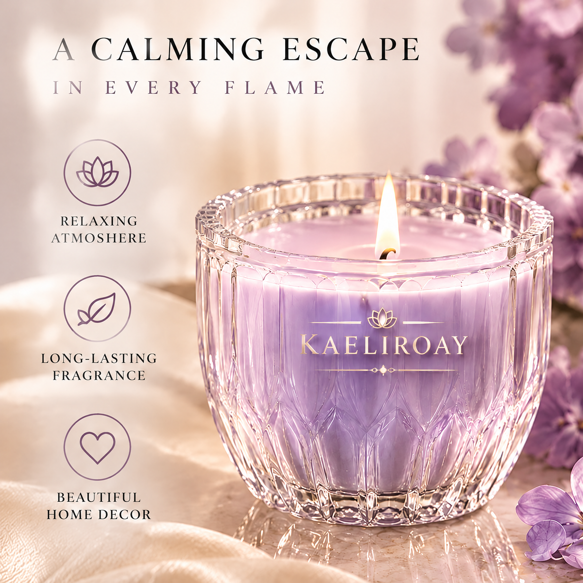 KAELIROAY® Lilac Blossoms Candle lit in crystal glass jar — A Calming Escape in Every Flame. Relaxing Atmosphere, Long-Lasting Fragrance, Beautiful Home Decor