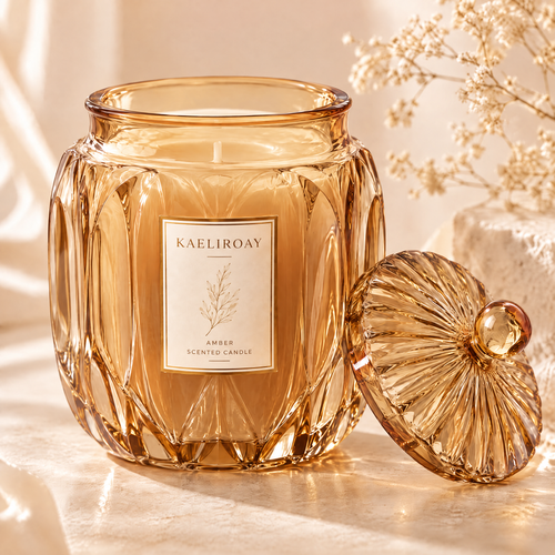 KAELIROAY® Amber Scented Candle in premium amber crystal glass jar with sculpted lid resting beside — hero product shot