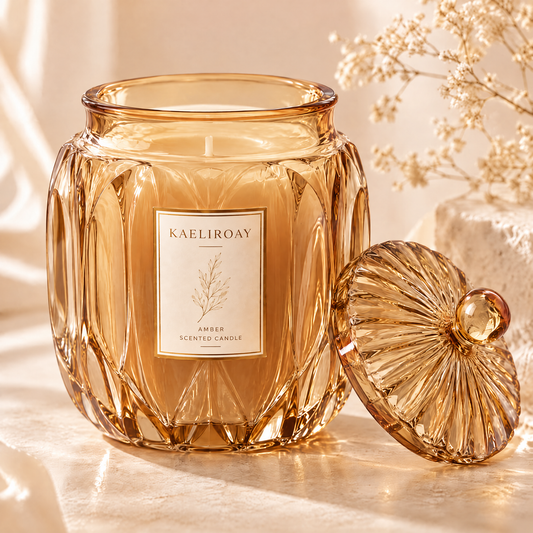 KAELIROAY® Amber Scented Candle in premium amber crystal glass jar with sculpted lid resting beside — hero product shot