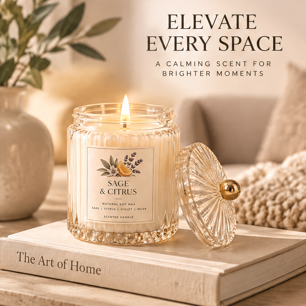 KAELIROAY® Sage & Citrus Candle feature icons — Natural Soy Wax, Phthalate Free, Cruelty Free, Long Lasting Burn, Premium Fragrance Oils, Clean & Even Burn.