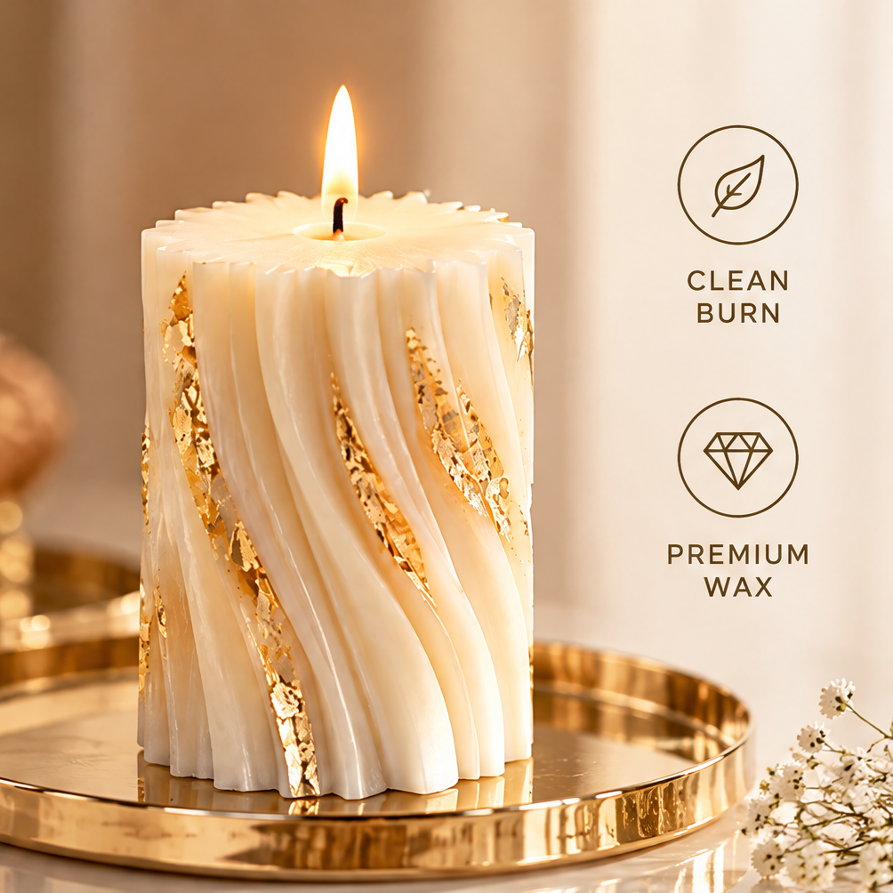 KAELIROAY® Ivory & Gold Leaf Swirl Pillar Candle lit on gold tray — Clean Burn (leaf icon) and Premium Wax (diamond icon). High-quality formula, steady flame, low soot, long lasting.