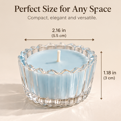KAELIROAY® Blue Glass Flower Tealight Candle size guide — Perfect Size for Any Space, Compact, elegant and versatile. Width: 2.16 in (5.5 cm), Height: 1.18 in (3.0 cm). Single unlit candle in scalloped glass holder.