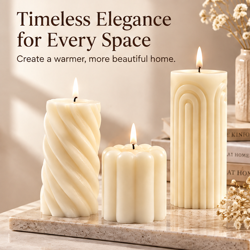 KAELIROAY® Ivory Sculptural Pillar Candle Set size guide — Perfectly Proportioned. A beautiful trio for effortless styling. Spiral: 7x14cm (2.8x5.5in), Petal: 7x8cm (2.8x3.1in), Arch: 7x18cm (2.8x7.1in). Sizes are approximate.