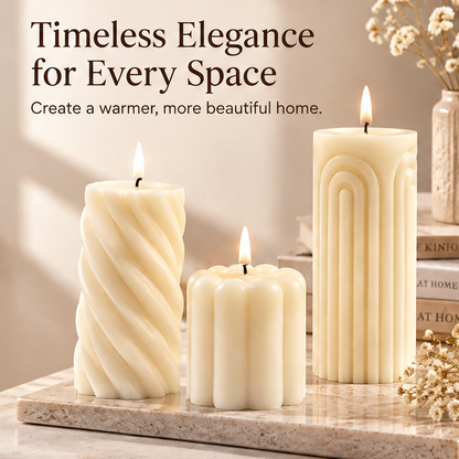 KAELIROAY® Ivory Sculptural Pillar Candle Set size guide — Perfectly Proportioned. A beautiful trio for effortless styling. Spiral: 7x14cm (2.8x5.5in), Petal: 7x8cm (2.8x3.1in), Arch: 7x18cm (2.8x7.1in). Sizes are approximate.