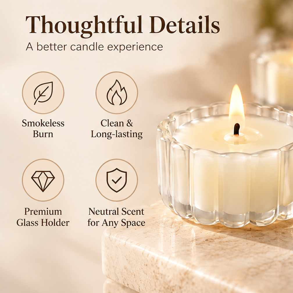KAELIROAY® Glass Flower Tealight Candle — Thoughtful Details, A Better Candle Experience. Smokeless Burn (leaf icon), Clean & Long-lasting (flame icon), Premium Glass Holder (diamond icon), Neutral Scent for Any Space (shield icon). Single candle lit on travertine step.