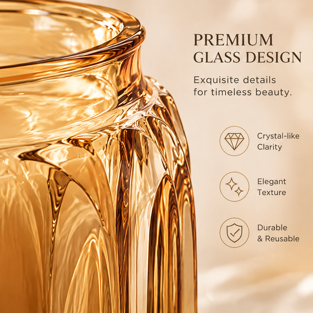 KAELIROAY® Amber Glass Candle jar close-up — Premium Glass Design. Crystal-like Clarity, Elegant Texture, Durable & Reusable. Exquisite details for timeless beauty.