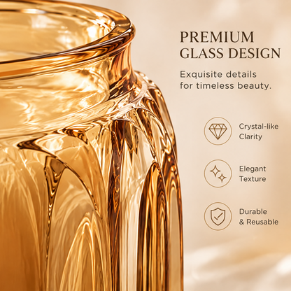 KAELIROAY® Amber Glass Candle jar close-up — Premium Glass Design. Crystal-like Clarity, Elegant Texture, Durable & Reusable. Exquisite details for timeless beauty.