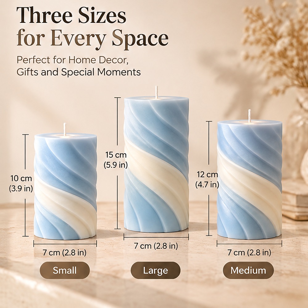 KAELIROAY® Ocean Swirl Pillar Candle Set size guide — Small: 10cm (3.9in) x 7cm (2.8in), Large: 15cm (5.9in) x 7cm (2.8in), Medium: 12cm (4.7in) x 7cm (2.8in). Three Sizes for Every Space.