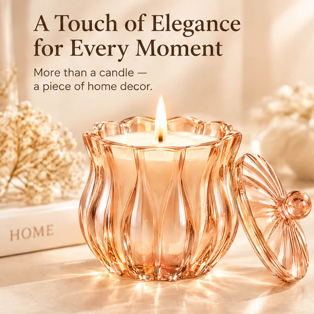 KAELIROAY® Rose Gold Petal Candle lit on table with books and dried flowers — A Touch of Elegance for Every Moment. More than a candle, a piece of home decor.