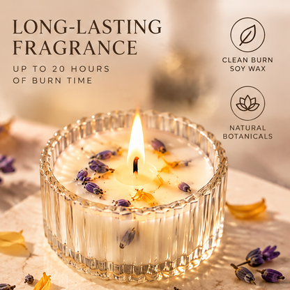 KAELIROAY® Lavender Botanical Soy Wax Candle — Long-Lasting Fragrance, Up to 20 Hours of Burn Time. Single candle lit in ribbed glass vessel with real lavender buds and marigold petals. Icons: Clean Burn Soy Wax (leaf), Natural Botanicals (lotus). Dried lavender scattered around.