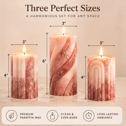 KAELIROAY® Rose Gold Marble Pillar Candle Set size guide — Three Perfect Sizes. Small: 3x4in, Large: 3x6in, Small: 3x4in. Premium Paraffin Wax, Clean & Even Burn, Long Lasting Ambiance.
