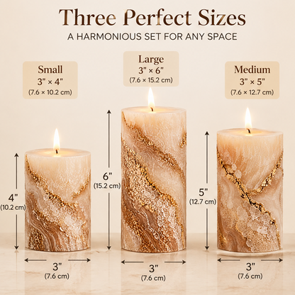 KAELIROAY® Gold Marble Pillar Candle Set size guide — Small: 3x4in (7.6x10.2cm), Medium: 3x5in (7.6x12.7cm), Large: 3x6in (7.6x15.2cm). Three Perfect Sizes, A Harmonious Set for Any Space.