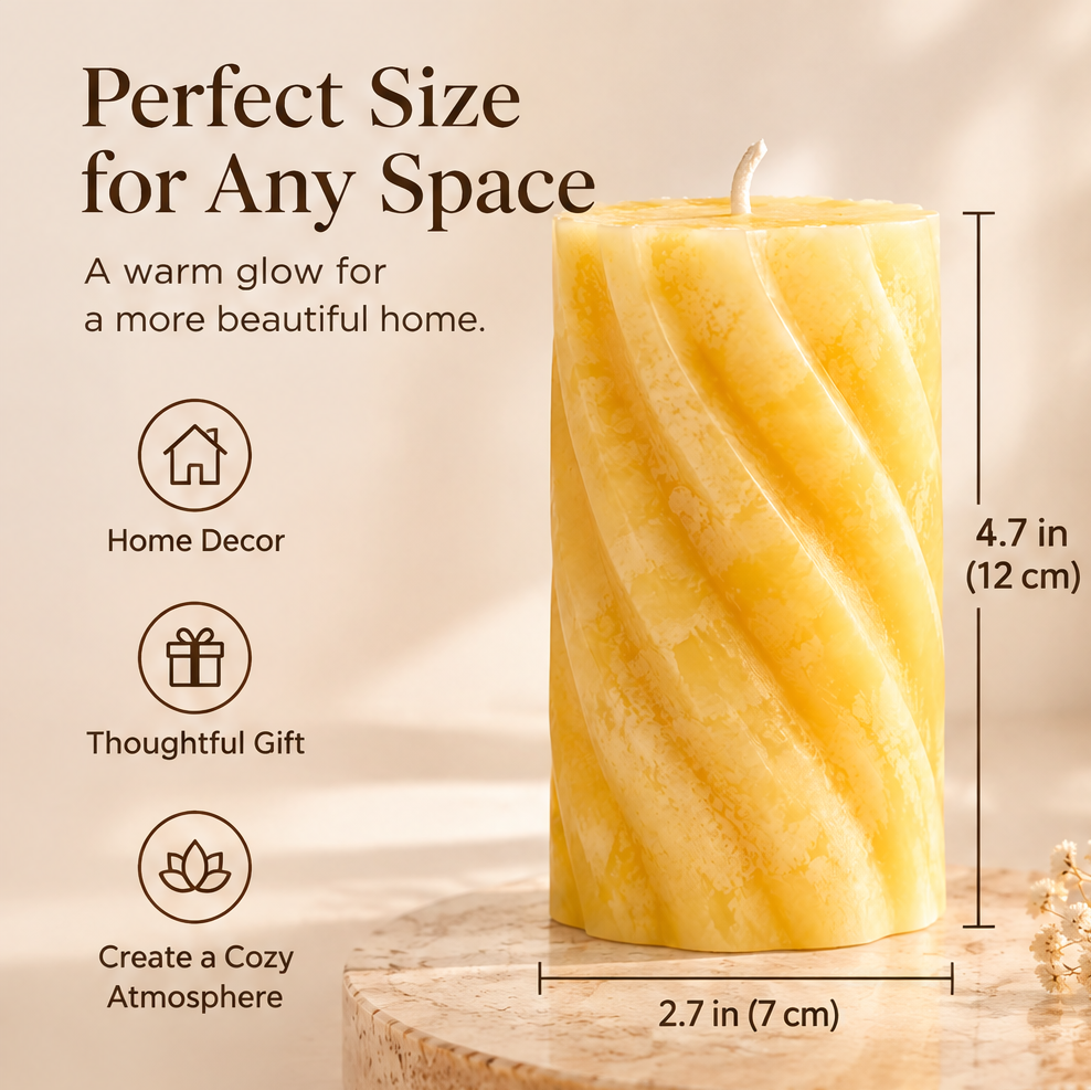 KAELIROAY® Honey Marble Swirl Candle size guide — 4.7 in (12 cm) tall, 2.7 in (7 cm) wide. Perfect Size for Any Space. Home Decor, Thoughtful Gift, Create a Cozy Atmosphere. A warm glow for a more beautiful home.