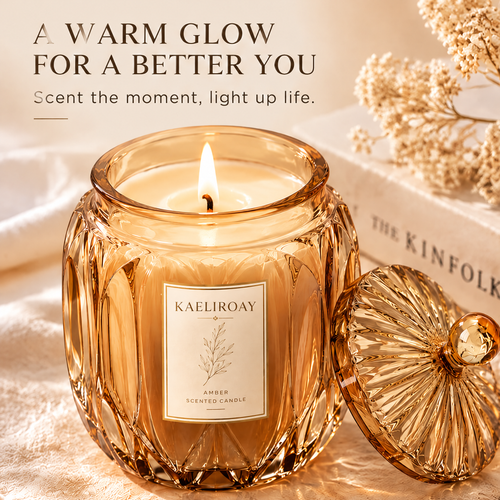 KAELIROAY® Amber Scented Candle lit with warm golden flame — A Warm Glow for a Better You. Scent the moment, light up life.