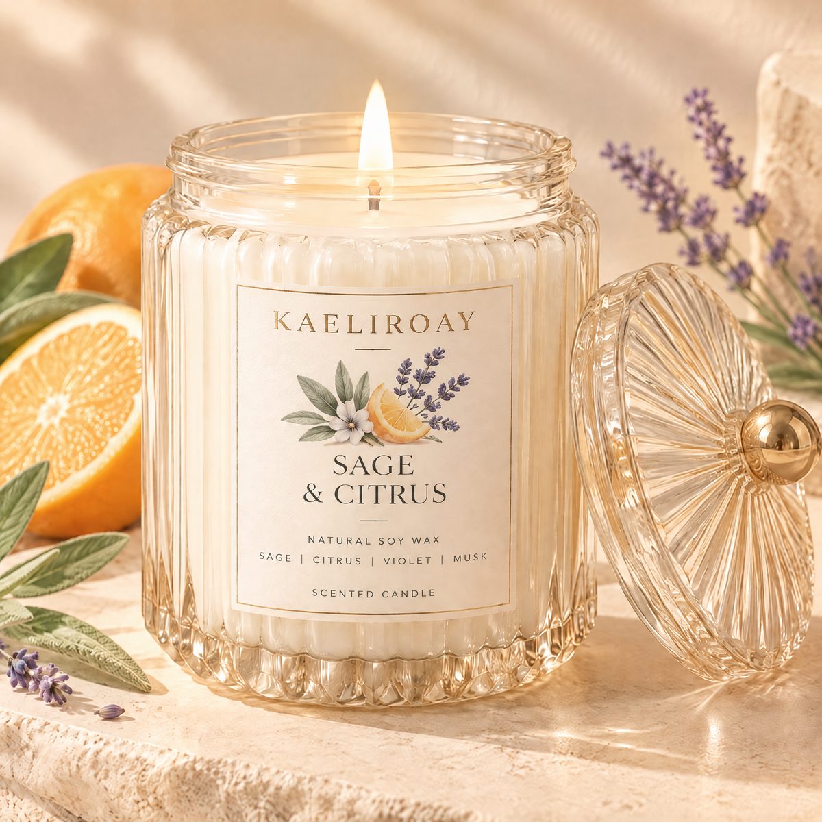 KAELIROAY® Sage & Citrus Scented Candle lit with lid beside jar, surrounded by oranges and lavender — Natural Soy Wax, Sage, Citrus, Violet, Musk