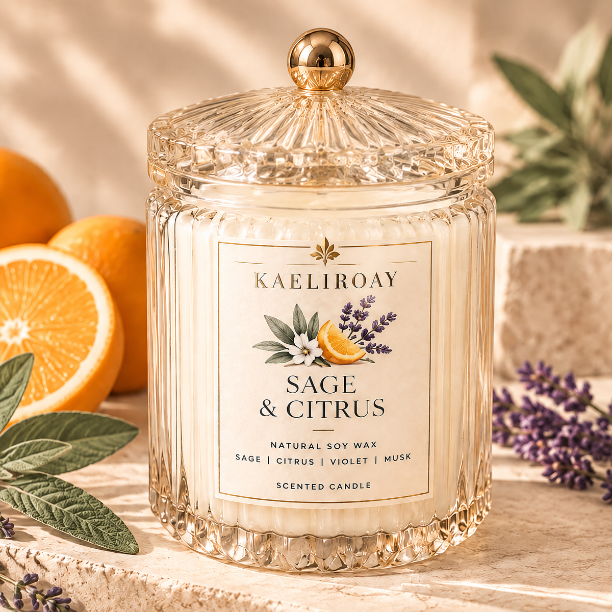 KAELIROAY® Sage & Citrus Scented Candle glowing on books in cosy living room — Elevate Every Space. A Calming Scent for Brighter Moments.