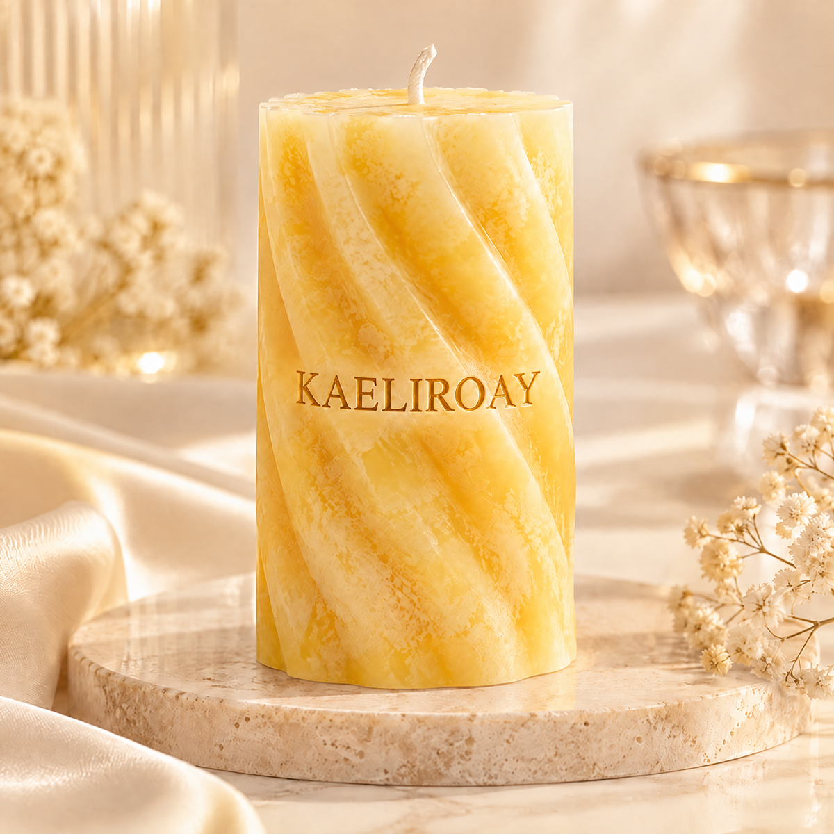KAELIROAY® Honey Marble Swirl Candle lit in warm glow with crystal glass beside it — A Softer, Warmer Atmosphere. Long Burning Time, Smokeless & Clean Burn, Premium Paraffin Wax. Gentle candlelight brings warmth, peace and relaxation.