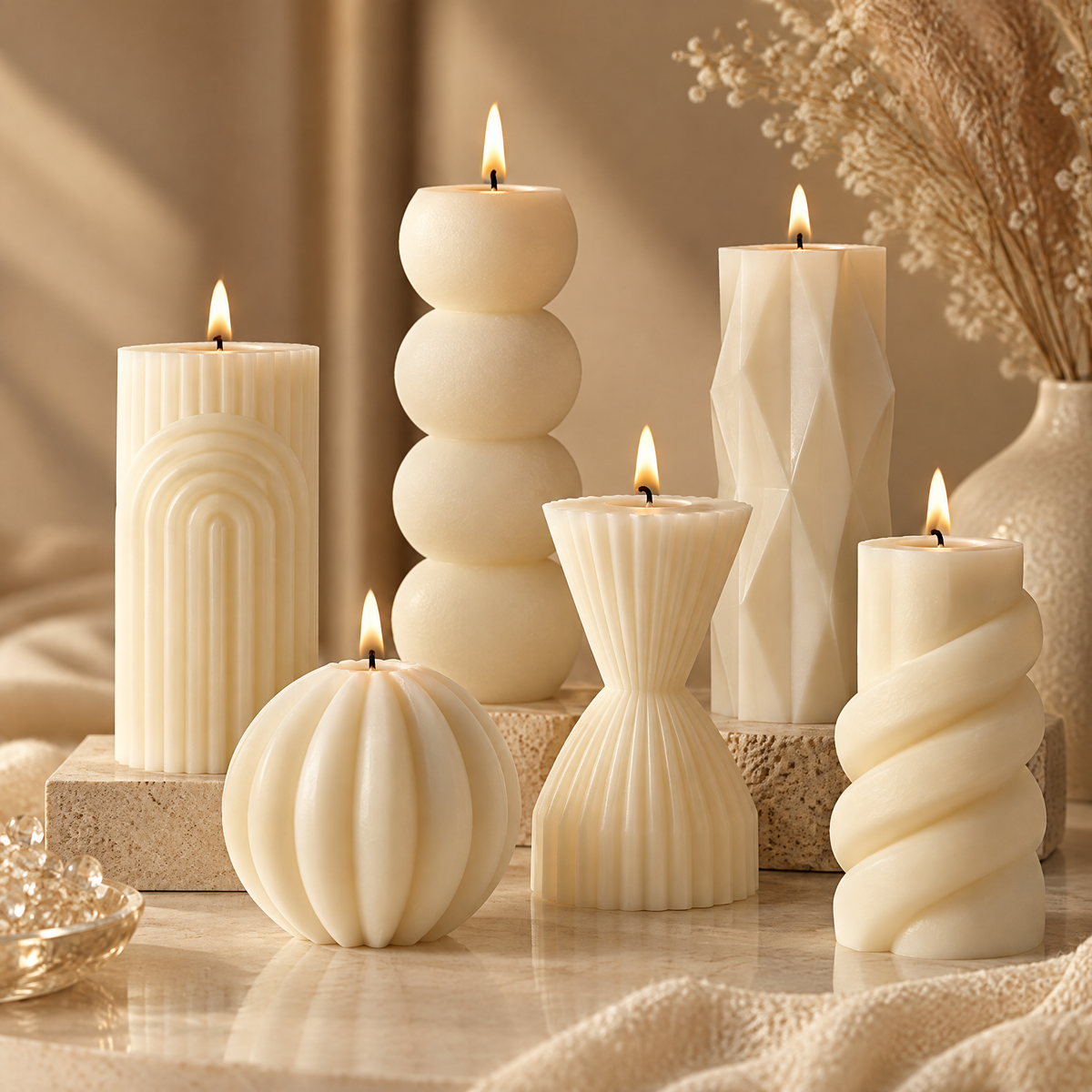 KAELIROAY® Ivory Sculptural Candle Gift Set — all 6 candles lit on travertine tray: Arch Pillar, Bubble Stack, Diamond Facet, Pumpkin Ball, Hourglass and Spiral Twist. Sculptural Candles for a Warmer Home. Art in Every Flame.