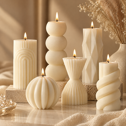 KAELIROAY® Ivory Sculptural Candle Gift Set — all 6 candles lit on travertine tray: Arch Pillar, Bubble Stack, Diamond Facet, Pumpkin Ball, Hourglass and Spiral Twist. Sculptural Candles for a Warmer Home. Art in Every Flame.