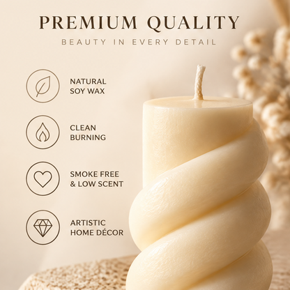 KAELIROAY® Ivory Sculptural Candle Gift Set size guide — 6 Unique Designs, Different Shapes, Same Warmth. Arch: 12x6cm (4.7x2.4in), Bubble Stack: 14x6cm (5.5x2.4in), Diamond: 13x6cm (5.1x2.4in), Pumpkin Ball: 8x8cm (3.1x3.1in), Hourglass: 10x6.5cm (3.9x2.6in), Spiral: 10x5.5cm (3.9x2.2in).