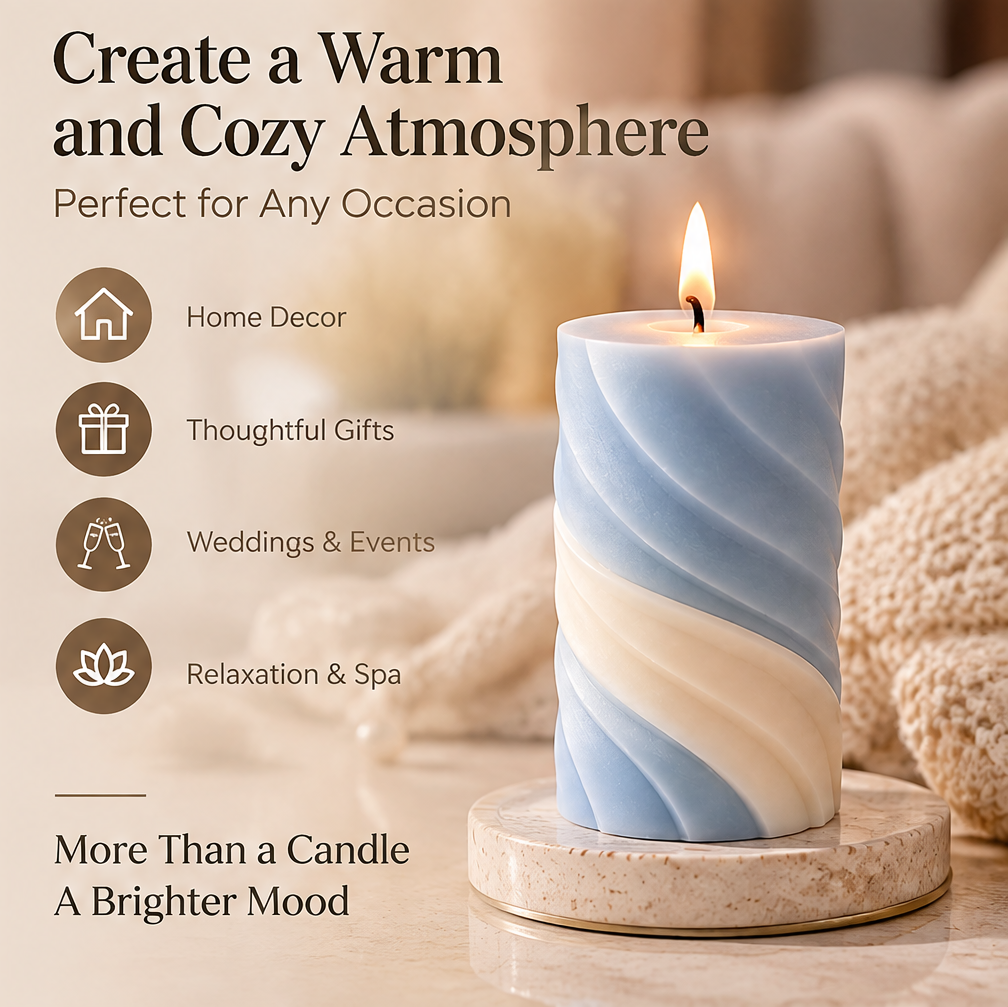 KAELIROAY® Ocean Swirl Pillar Candle lit on marble coaster — Create a Warm and Cozy Atmosphere. Perfect for Any Occasion: Home Decor, Thoughtful Gifts, Weddings & Events, Relaxation & Spa.
