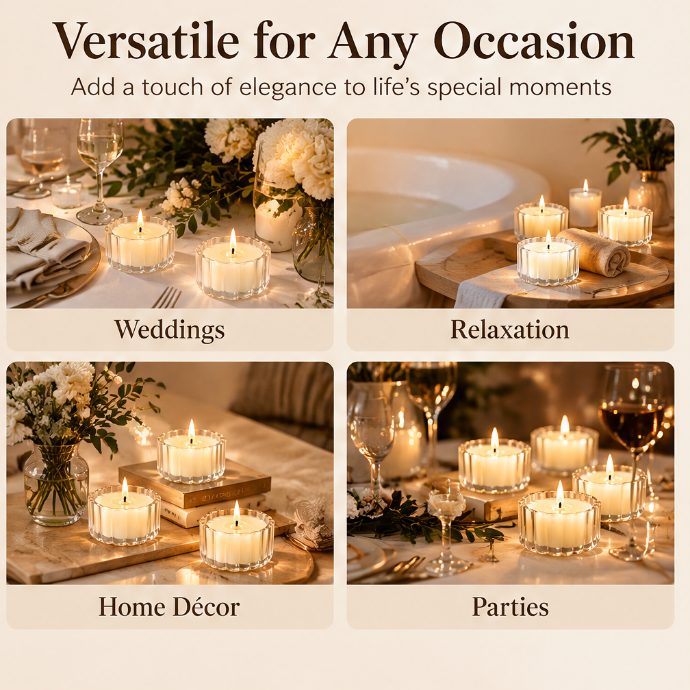 KAELIROAY® Glass Flower Tealight Candle Set — Versatile for Any Occasion. Add a touch of elegance to life’s special moments. Four scenes: Weddings (dining table with florals and wine glasses), Relaxation (bath tray), Home Décor (beside books and vase), Parties (dinner table with wine glasses and fairy lights).