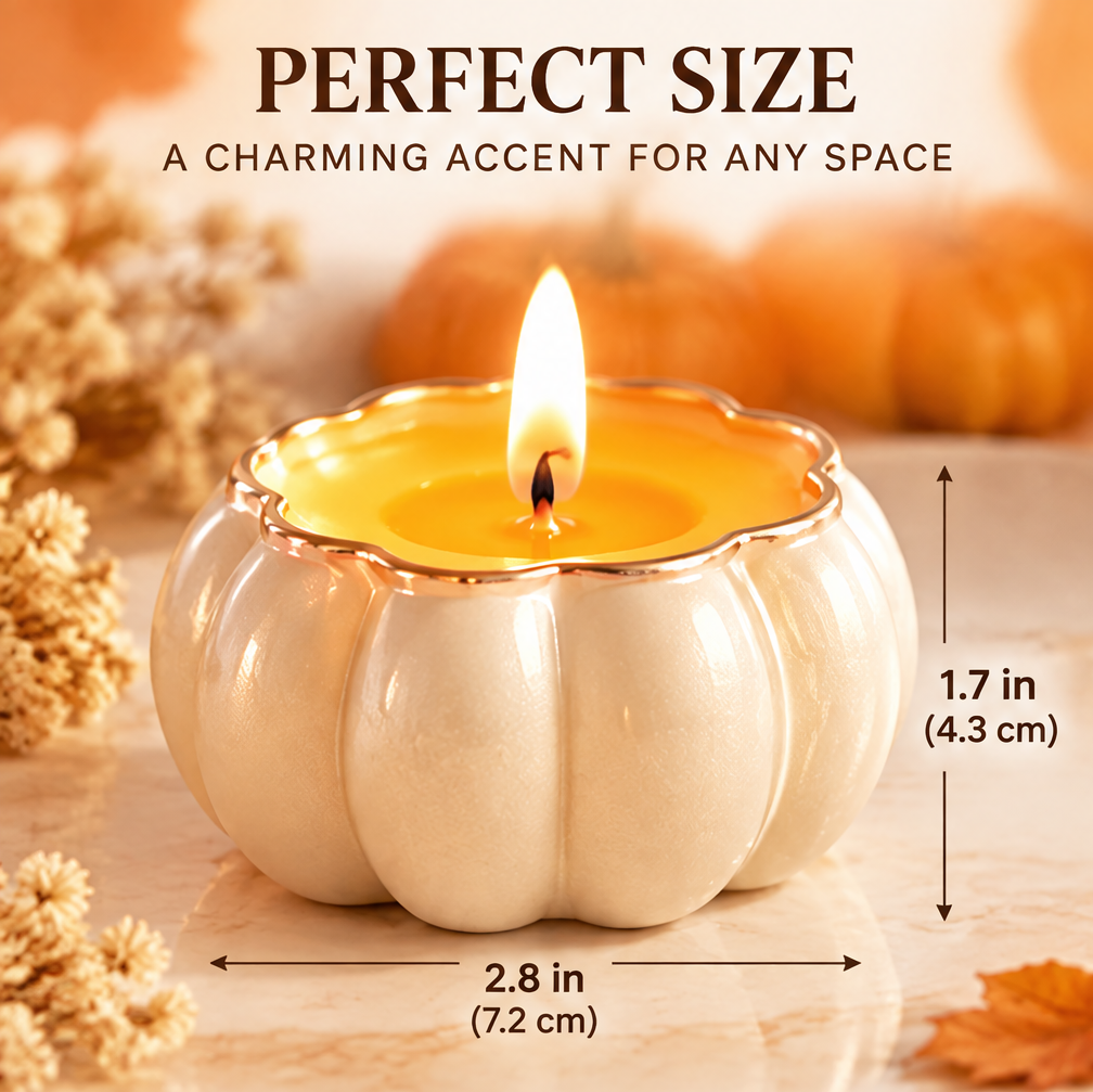 KAELIROAY® Pumpkin Candle size guide — Perfect Size, A Charming Accent for Any Space. Single candle lit. Width: 2.8 in (7.2 cm), Height: 1.7 in (4.3 cm). Dried pampas and pumpkins in background.