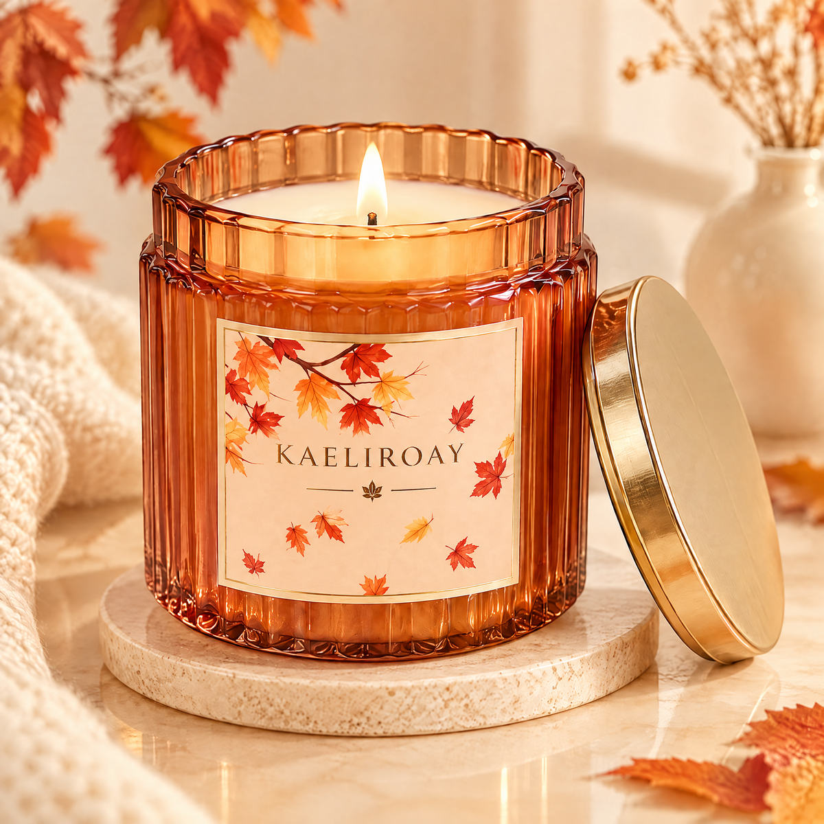 KAELIROAY® Cozy Fall Scented Candle in amber ribbed glass jar with gold lid, autumn maple leaf label, product detail view