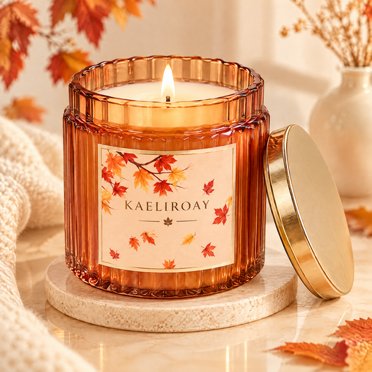 KAELIROAY® Cozy Fall Scented Candle in amber ribbed glass jar with gold lid, autumn maple leaf label, product detail view