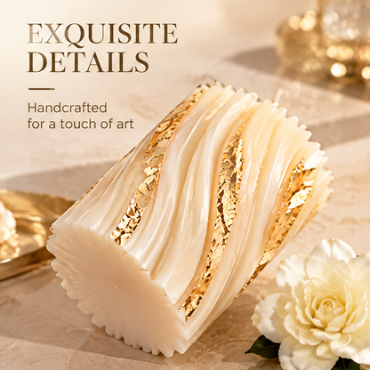 KAELIROAY® Ivory & Gold Leaf Swirl Pillar Candle size guide — Perfect Size. 10 cm / 3.9 in tall, 7 cm / 2.8 in wide. A warm glow for any space.